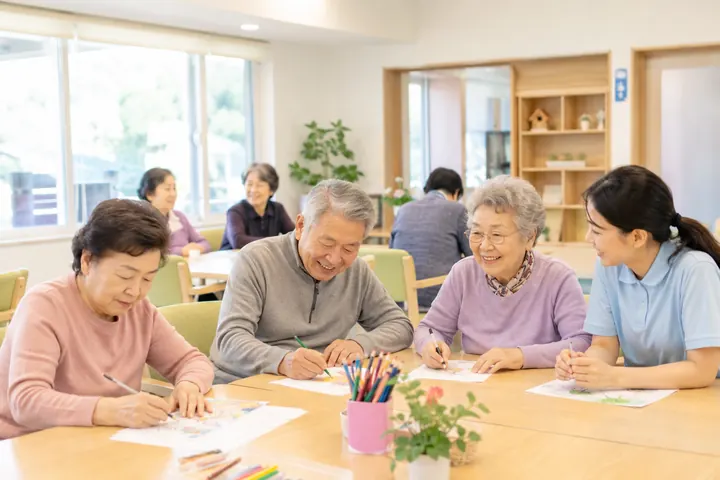 주간보호 프로그램에서 그림 그리기 활동을 하는 어르신들